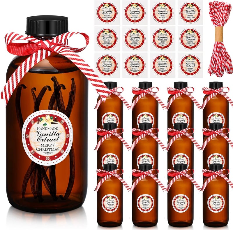 Uiifan 12 Pack Boston Glass Bottle, Bottles for Homemade Vanilla Extract Vanilla Extract Bottles Brown Glass Bottles Amber Bottles and 12 Pcs Vanilla Extract Stickers for Christmas Syrup Gift (4 oz) - Image 1